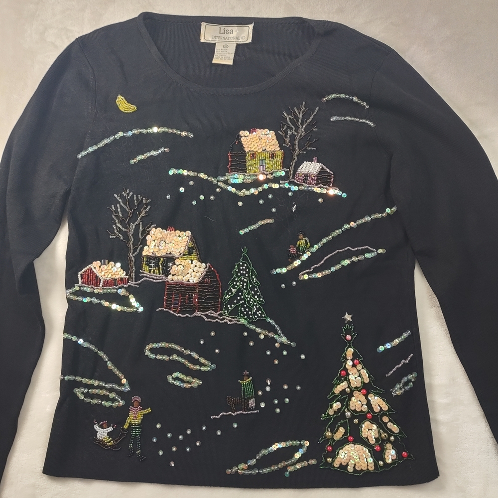 Lisa International Black Sweater with Sequin Holiday Scene
